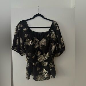 Floral Black Top with Gold Accents